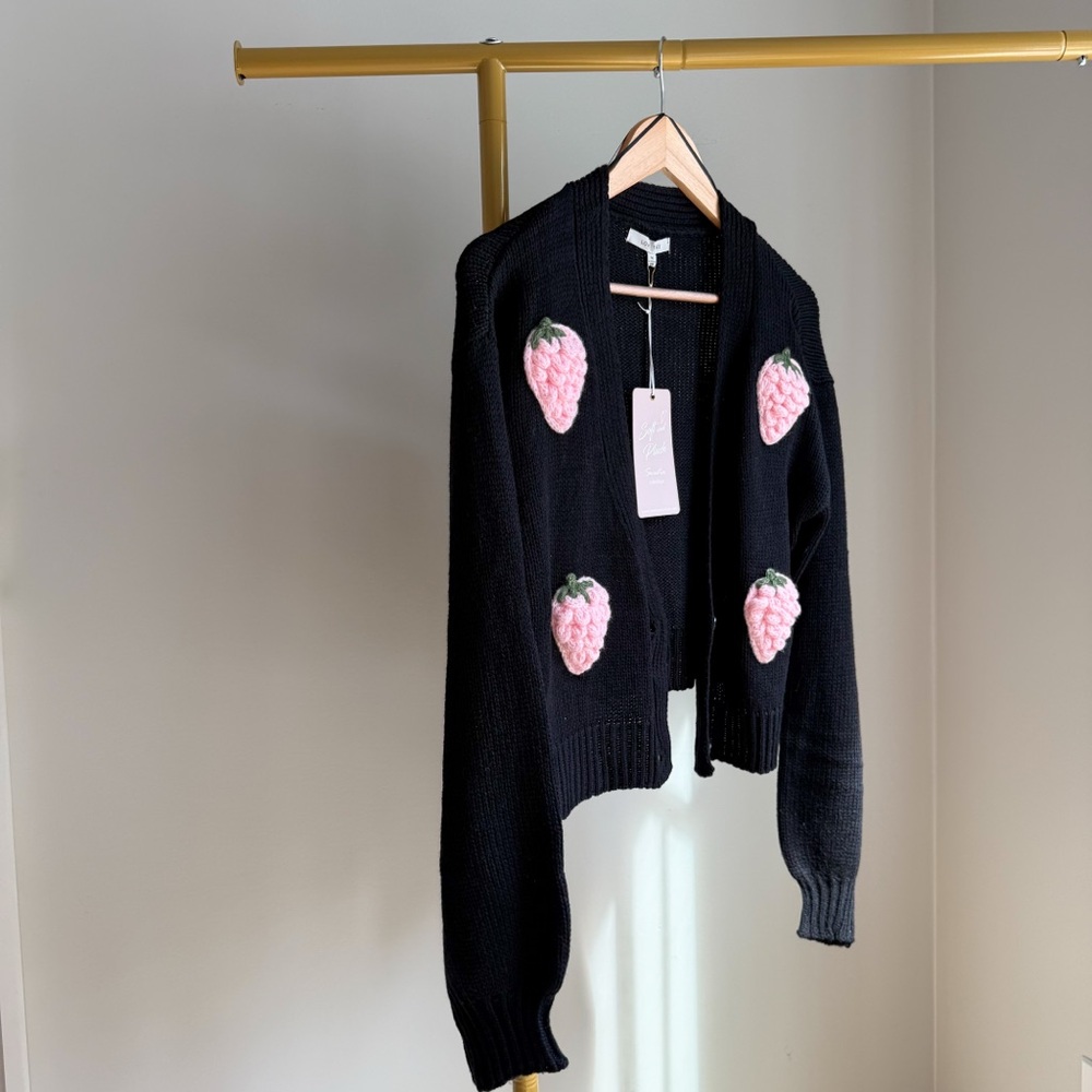 NWT Lovetree Black Cardigan with Pink Strawberry Accents